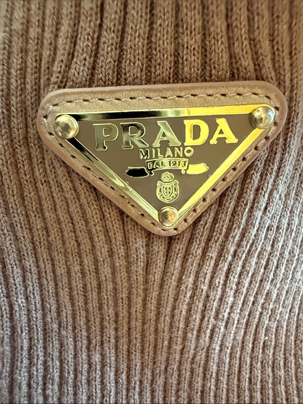 Prada Ribbed Knit Sleeveless Zip Vest Cardigan Brown Camel Leather Logo Plaque - Picture 7 of 16
